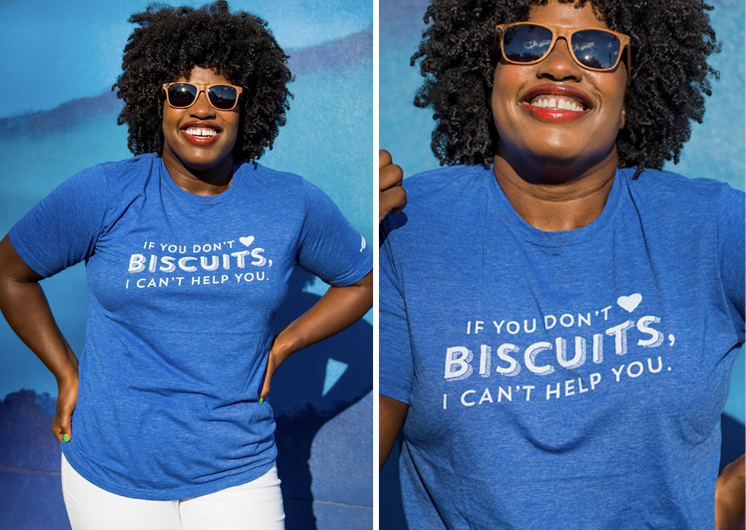 Image of a happy woman wearing a Buscuitville t-shirt made by TS Designs that says "If you don't love biscuits, I can't help you."  