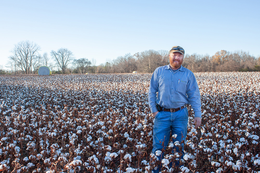 Image of farmer, Andrew Burleson in cotton field he is currently harvesting.