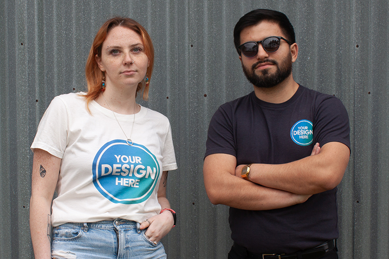 image of two young people wearing shirts that show placment of designs.