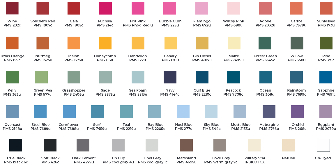 A visual guide to garment dye colors with a swatch, the name and PMS color of each.