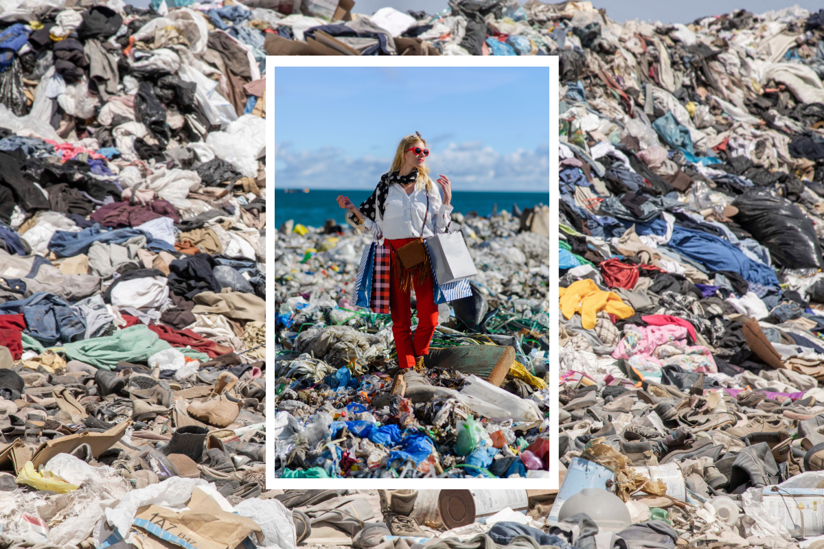 Image of a woman with shopping bags standing on top of a landfill of discarded clothes.