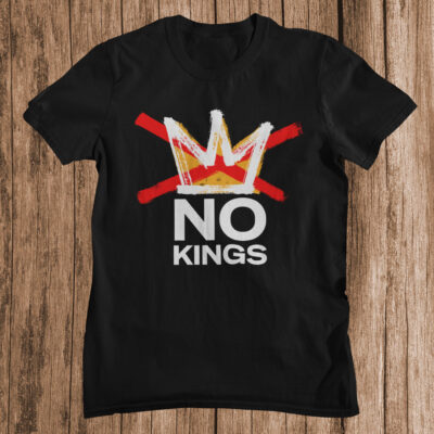 No Kings logo printed on a black t-shirt