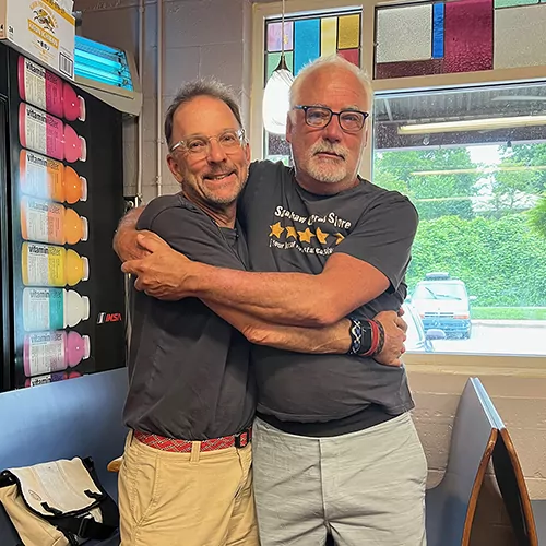 Friends Eric Henry and Jeff Barney at Saxapahaw General Store