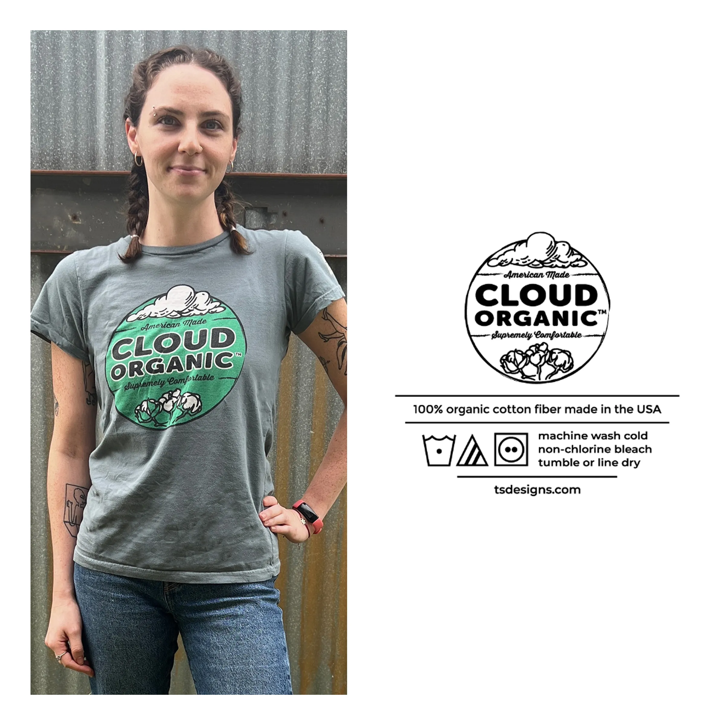 Image of a young woman wearing a Cloud Organic logo t-shirt